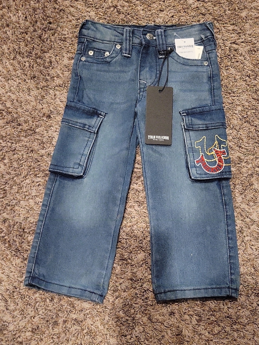 True Religion Boys Blue Denim Cargo Jeans with Embroidered Logo